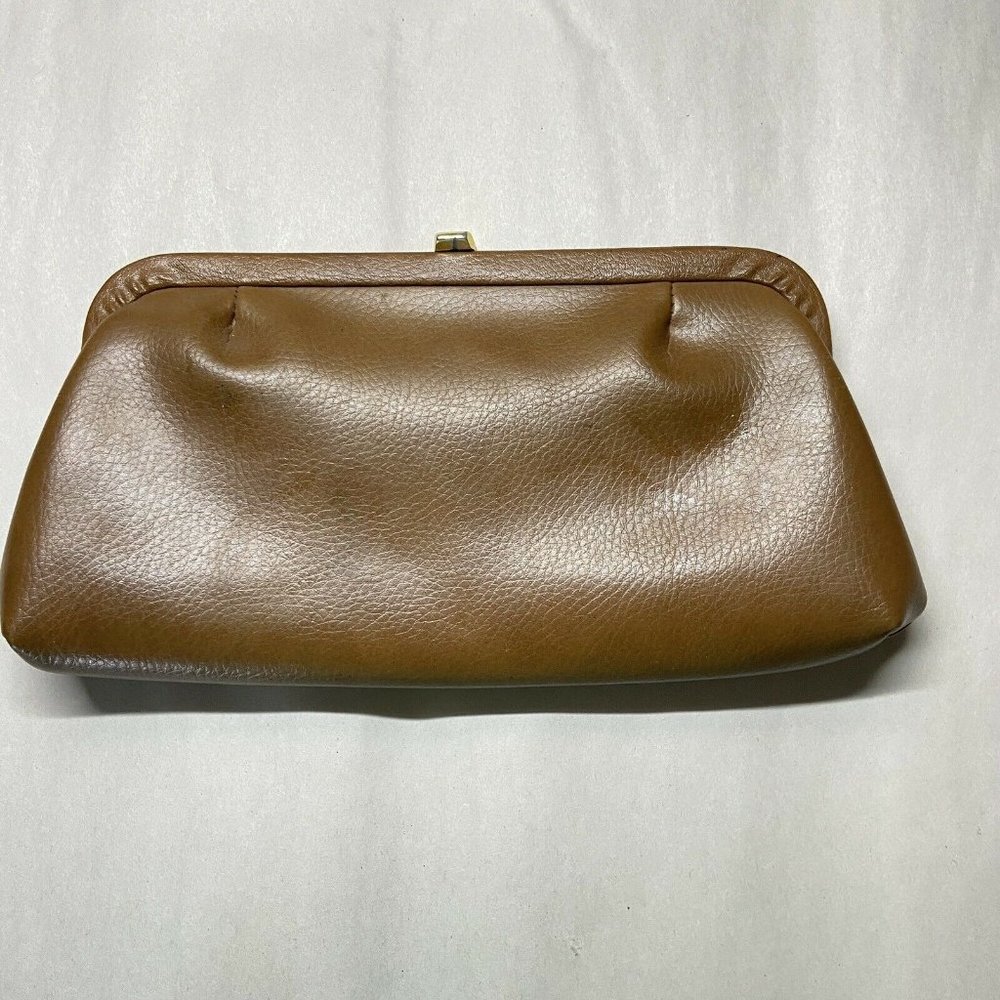 Vintage Leather Clutch Brown Gold Latch 70's smooth Retro change purse attached